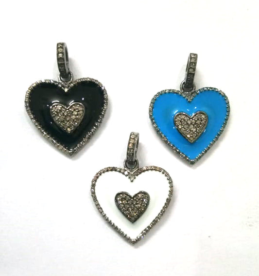 Enamel Heart Shaped Diamond Pendant .925 Oxidized Sterling Silver Diamond Pendant, Genuine handmade pave diamond Charm Size 25 MM