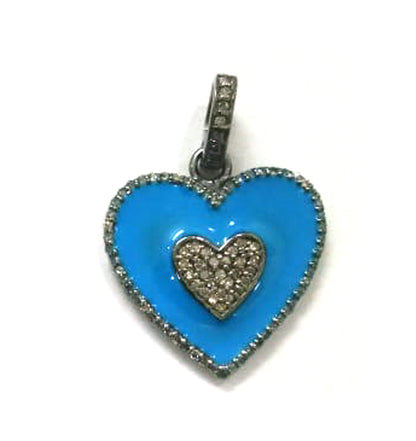 Enamel Heart Shaped Diamond Pendant .925 Oxidized Sterling Silver Diamond Pendant, Genuine handmade pave diamond Charm Size 25 MM