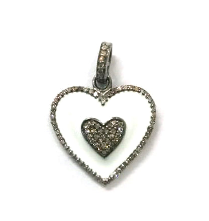 Enamel Heart Shaped Diamond Pendant .925 Oxidized Sterling Silver Diamond Pendant, Genuine handmade pave diamond Charm Size 25 MM