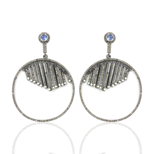 Round Diamond Silver Earring .925 Oxidized Sterling Silver Diamond Earring, Genuine handmade pave diamond Earring Size 1.60"(40 x 23 MM )
