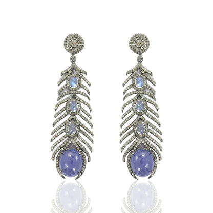 Diamond Art Deco Blue Sapphire & Moonstone Diamond Earring, Pave Diamond Earring,Pave Art Deco Earring, Appx 63 x 16mm