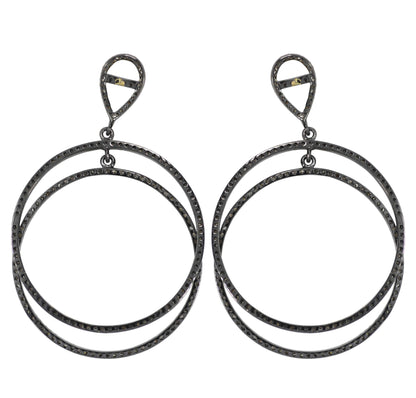 Round Diamond Silver Earring .925 Oxidized Sterling Silver Diamond Earring, Genuine handmade pave diamond Earring.