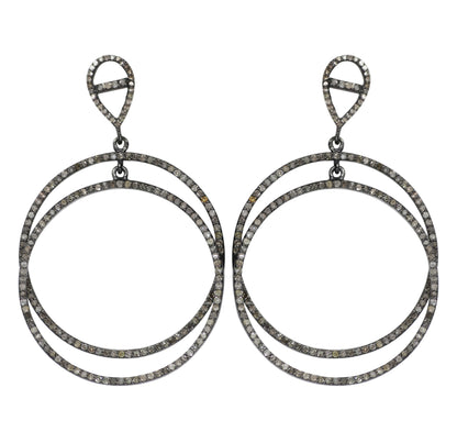 Round Diamond Silver Earring .925 Oxidized Sterling Silver Diamond Earring, Genuine handmade pave diamond Earring.