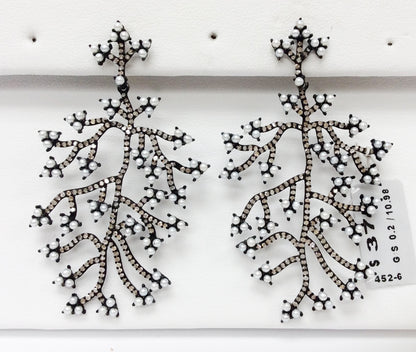 Plants Diamond Silver Earring .925 Oxidized Sterling Silver Diamond Earring, Genuine handmade pave diamond Earring Size 2.48"(35 x 62 MM )