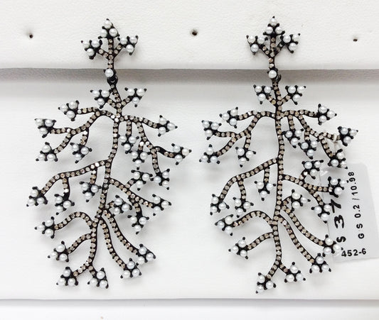 Plants Diamond Silver Earring .925 Oxidized Sterling Silver Diamond Earring, Genuine handmade pave diamond Earring Size 2.48"(35 x 62 MM )