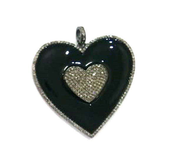 Enamel Heart Shape Diamond Pendant .925 Oxidized Sterling Silver Diamond Pendant, Genuine handmade pave diamond Charm Size 55 MM