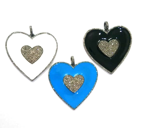 Enamel Heart Shape Diamond Pendant .925 Oxidized Sterling Silver Diamond Pendant, Genuine handmade pave diamond Charm Size 55 MM