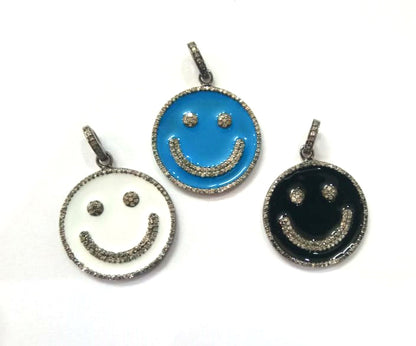 Enamel Face Shaped Diamond Pendant .925 Oxidized Sterling Silver Diamond Pendant, Genuine handmade pave diamond Charm Size 25 MM