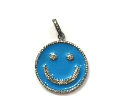 Enamel Face Shaped Diamond Pendant .925 Oxidized Sterling Silver Diamond Pendant, Genuine handmade pave diamond Charm Size 25 MM