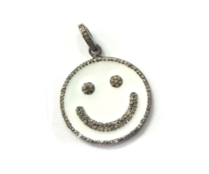 Enamel Face Shaped Diamond Pendant .925 Oxidized Sterling Silver Diamond Pendant, Genuine handmade pave diamond Charm Size 25 MM