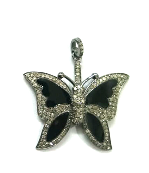 Enamel Butterfly Shape Diamond Pendant .925 Oxidized Sterling Silver Diamond Pendant, Genuine handmade pave diamond Charm Size 30X25 MM