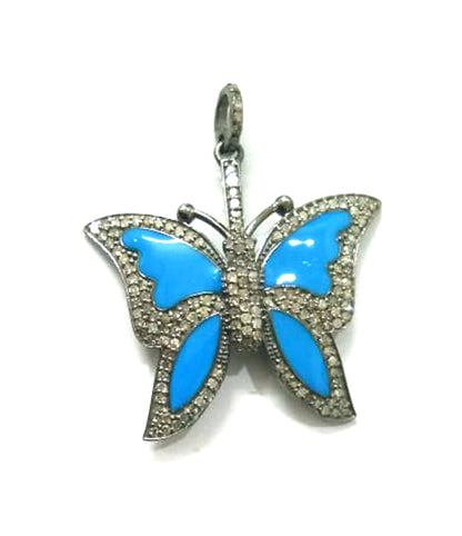 Enamel Butterfly Shape Diamond Pendant .925 Oxidized Sterling Silver Diamond Pendant, Genuine handmade pave diamond Charm Size 30X25 MM