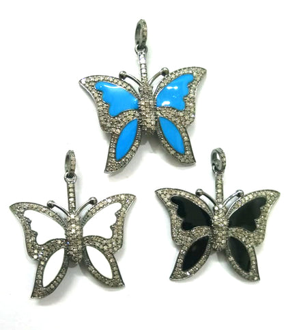 Enamel Butterfly Shape Diamond Pendant .925 Oxidized Sterling Silver Diamond Pendant, Genuine handmade pave diamond Charm Size 30X25 MM