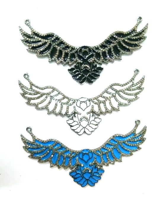 Enamel Eagle Shape Diamond Pendant .925 Oxidized Sterling Silver Diamond Pendant, Genuine handmade pave diamond Charm Size 74X22 MM