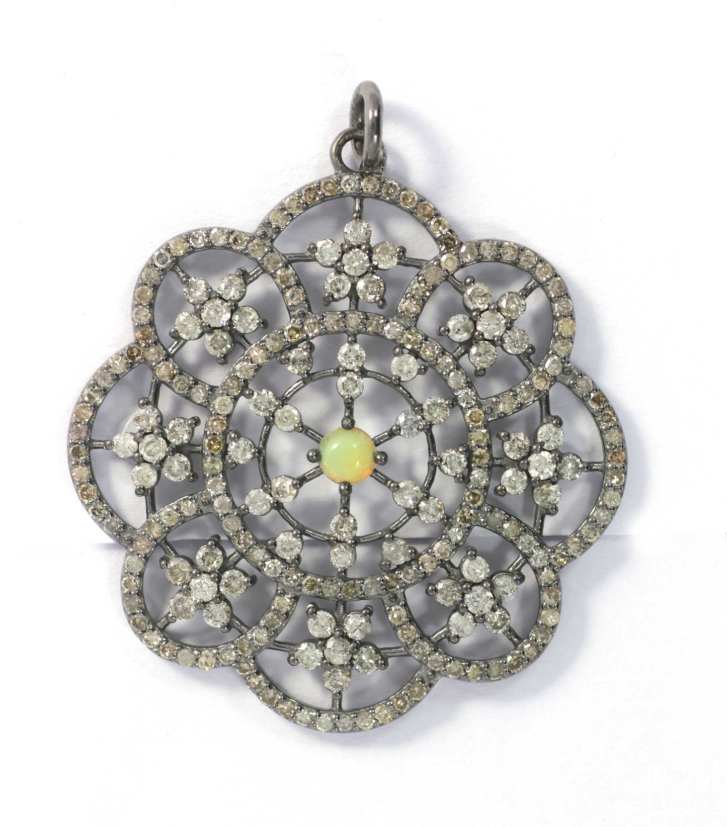 Flower Shape Diamond Pendant .925 Oxidized Sterling Silver Diamond Pendant, Genuine handmade pave diamond Pendant.
