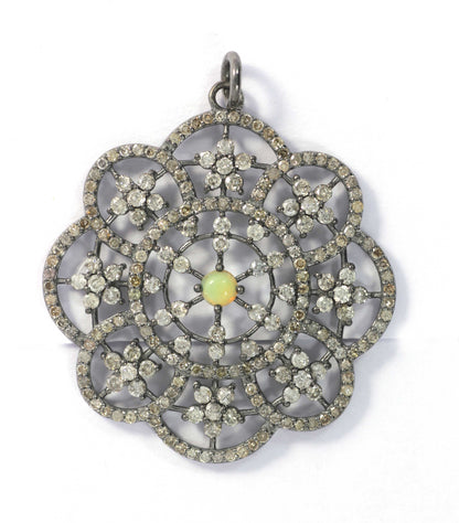 Flower Shape Diamond Pendant .925 Oxidized Sterling Silver Diamond Pendant, Genuine handmade pave diamond Pendant.