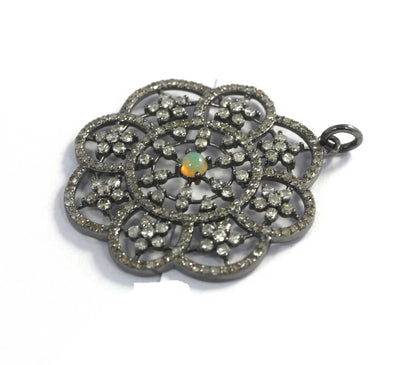 Flower Shape Diamond Pendant .925 Oxidized Sterling Silver Diamond Pendant, Genuine handmade pave diamond Pendant.
