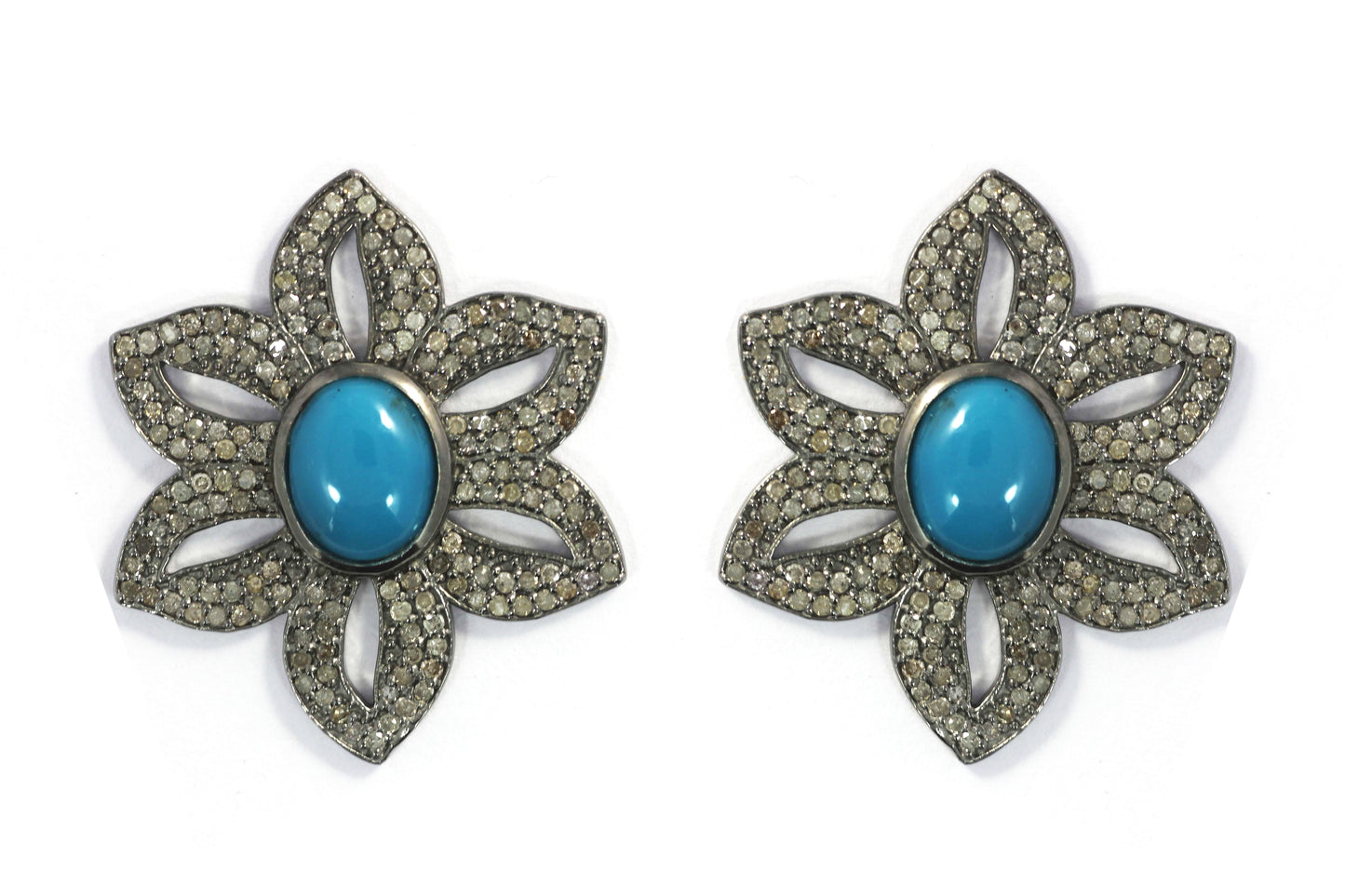 Flower Silver Diamond Earring .925 Oxidized Sterling Silver Diamond Earring, Genuine handmade pave diamond Earring.