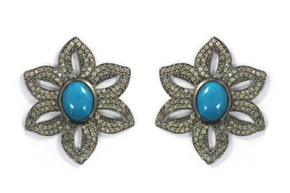 Flower Silver Diamond Earring .925 Oxidized Sterling Silver Diamond Earring, Genuine handmade pave diamond Earring.