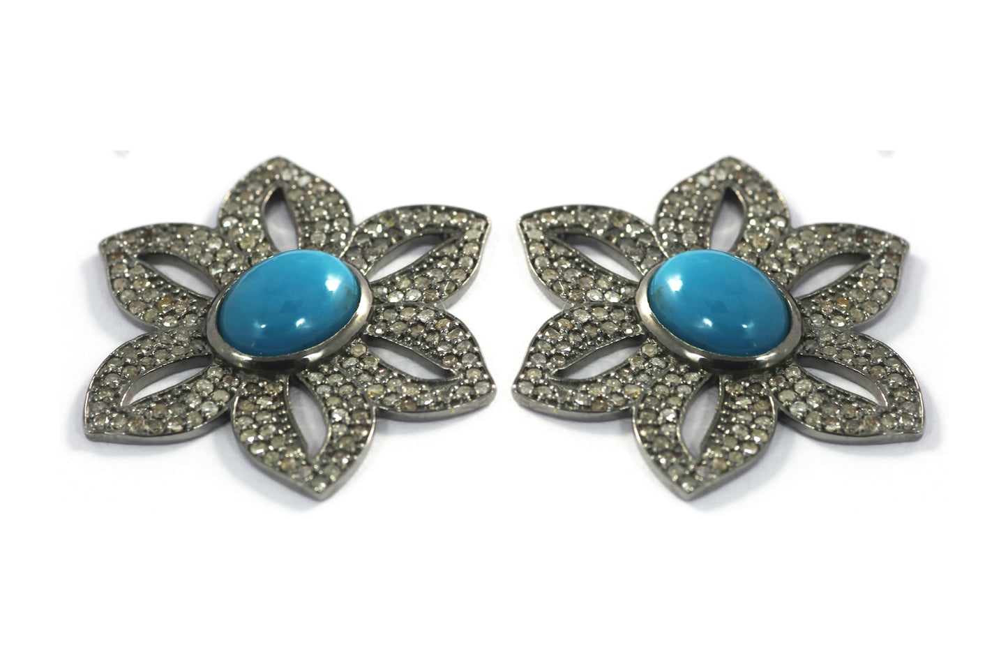 Flower Silver Diamond Earring .925 Oxidized Sterling Silver Diamond Earring, Genuine handmade pave diamond Earring.