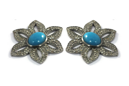 Flower Silver Diamond Earring .925 Oxidized Sterling Silver Diamond Earring, Genuine handmade pave diamond Earring.