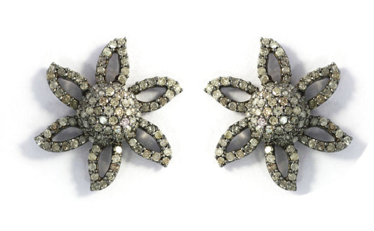 Flower Silver Diamond Earring .925 Oxidized Sterling Silver Diamond Earring, Genuine handmade pave diamond Earring.