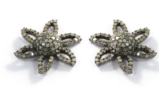 Flower Silver Diamond Earring .925 Oxidized Sterling Silver Diamond Earring, Genuine handmade pave diamond Earring.