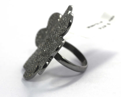 Flower Silver Pave Diamond Ring .925 Oxidized Sterling Silver Diamond Ring, Genuine handmade pave diamond Ring.