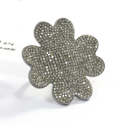 Flower Silver Pave Diamond Ring .925 Oxidized Sterling Silver Diamond Ring, Genuine handmade pave diamond Ring.