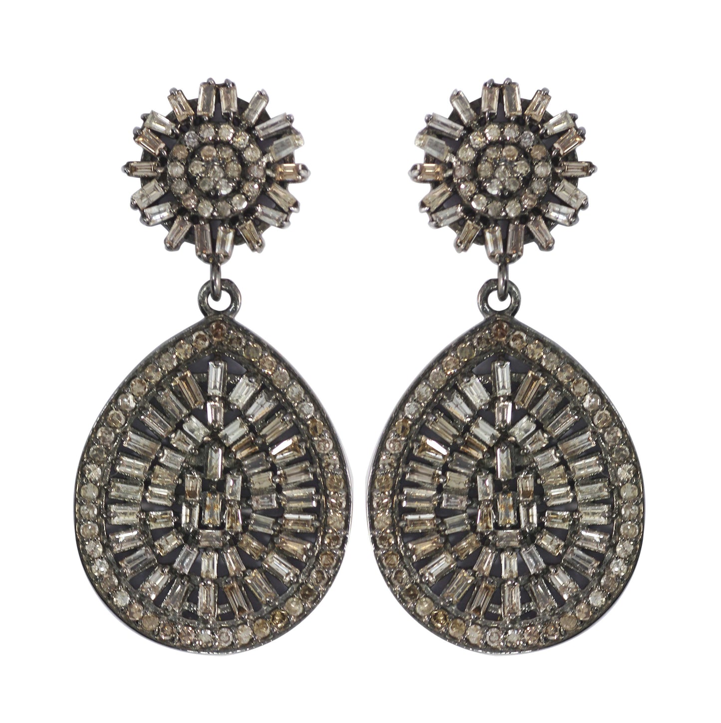 Pear shape Silver Diamond Earring .925 Oxidized Sterling Silver Diamond Earring, Genuine handmade pave diamond Earring.