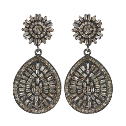 Pear shape Silver Diamond Earring .925 Oxidized Sterling Silver Diamond Earring, Genuine handmade pave diamond Earring.
