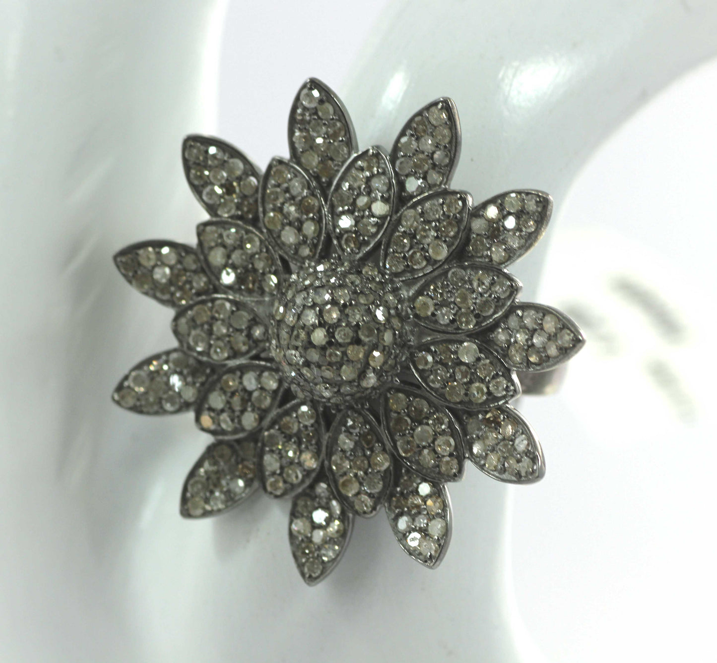 Flower Shape Silver Pave Diamond Ring .925 Oxidized Sterling Silver Diamond Ring, Genuine handmade pave diamond Ring.
