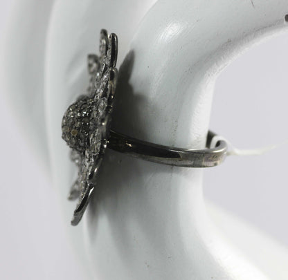 Flower Shape Silver Pave Diamond Ring .925 Oxidized Sterling Silver Diamond Ring, Genuine handmade pave diamond Ring.