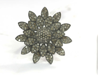 Flower Shape Silver Pave Diamond Ring .925 Oxidized Sterling Silver Diamond Ring, Genuine handmade pave diamond Ring.