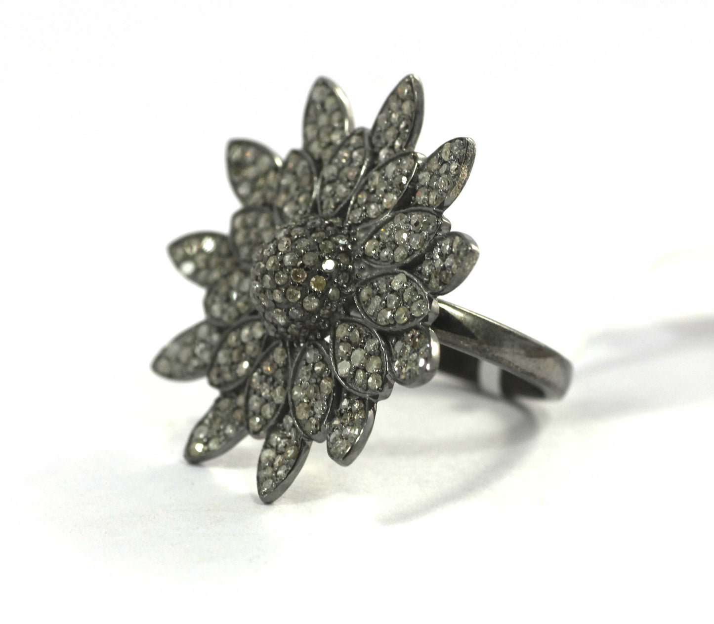Flower Shape Silver Pave Diamond Ring .925 Oxidized Sterling Silver Diamond Ring, Genuine handmade pave diamond Ring.