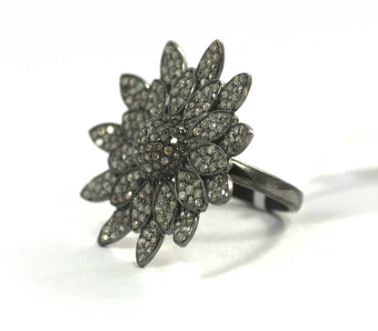 Flower Shape Silver Pave Diamond Ring .925 Oxidized Sterling Silver Diamond Ring, Genuine handmade pave diamond Ring.