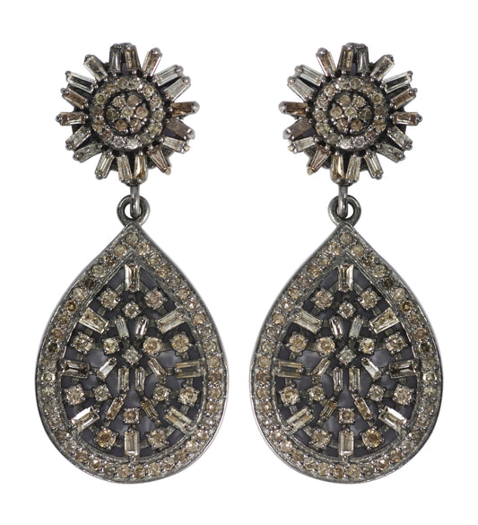 Silver Diamond Earring .925 Oxidized Sterling Silver Diamond Earring, Genuine handmade pave diamond Earring.