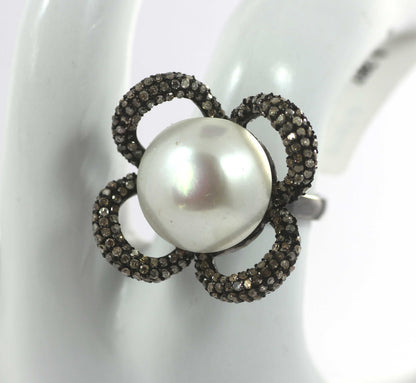 Flower Shape Silver Pave Diamond Ring