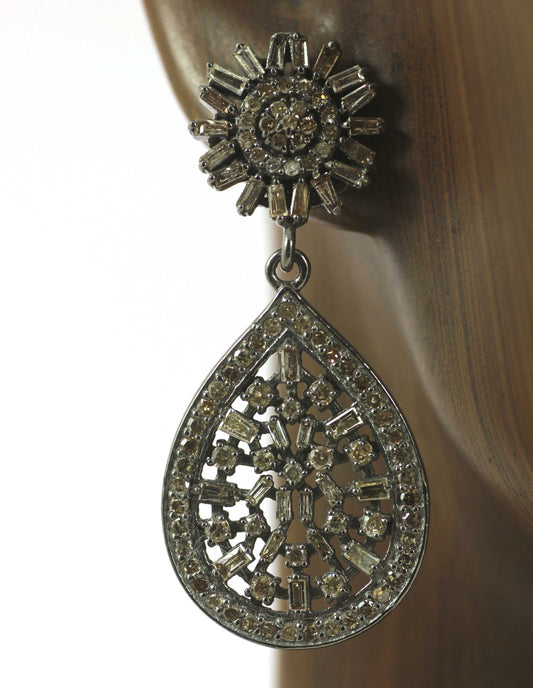 Silver Diamond Earring .925 Oxidized Sterling Silver Diamond Earring, Genuine handmade pave diamond Earring.