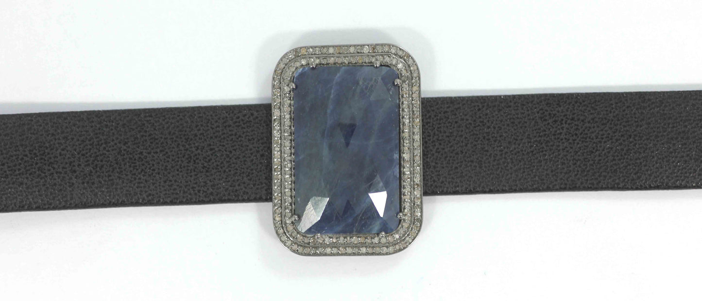 Rectangle Shape Leather Choker Necklaces With Pave Diamond. 925 Oxidized Sterling Silver Diamond necklaces, Genuine handmade pave diamond necklaces.