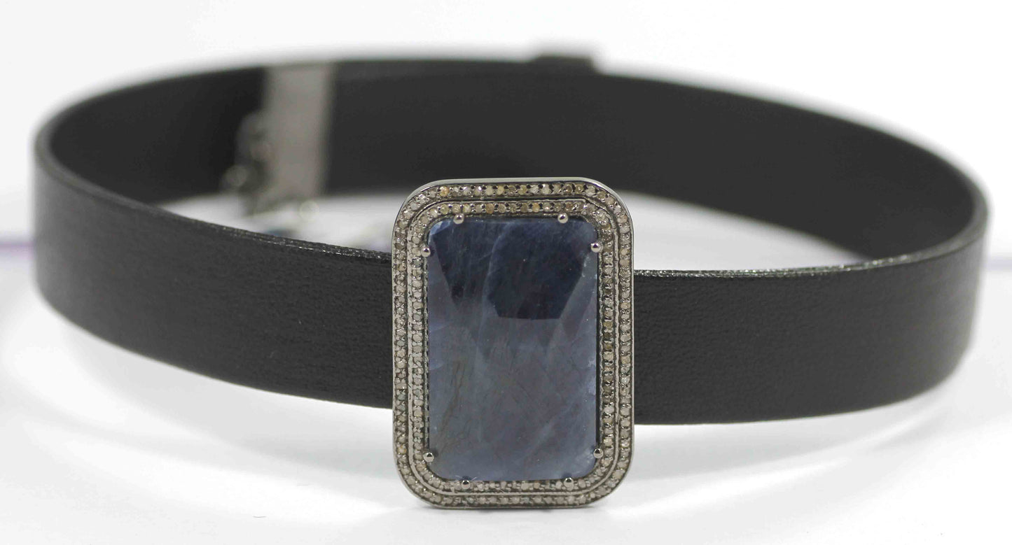 Rectangle Shape Leather Choker Necklaces With Pave Diamond. 925 Oxidized Sterling Silver Diamond necklaces, Genuine handmade pave diamond necklaces.