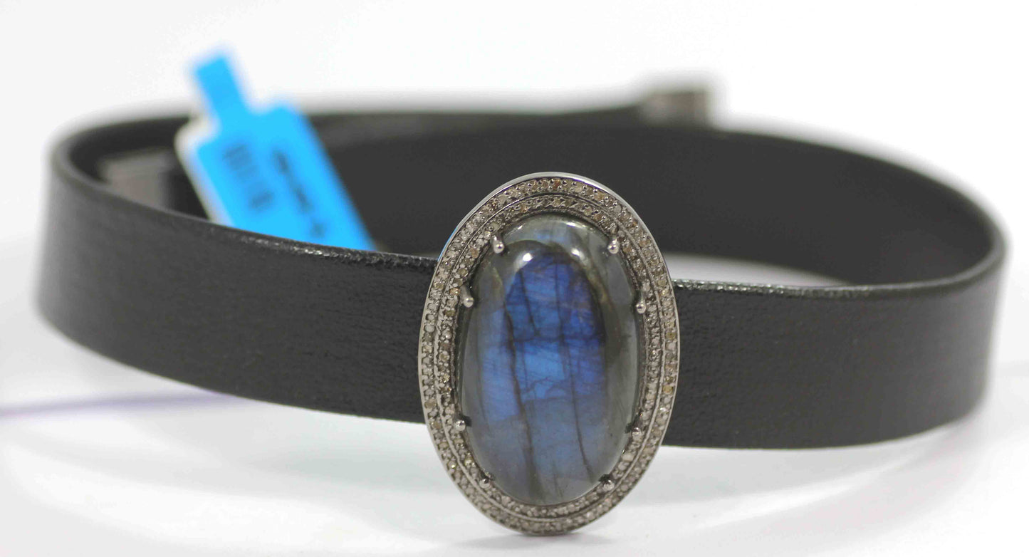 Leather Choker Necklaces With Pave Diamond. 925 Oxidized Sterling Silver Diamond necklaces, Genuine handmade pave diamond necklaces.