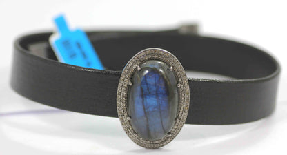 Leather Choker Necklaces With Pave Diamond. 925 Oxidized Sterling Silver Diamond necklaces, Genuine handmade pave diamond necklaces.