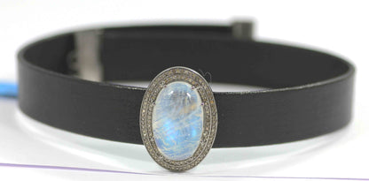 Oval Shape Leather Choker Necklaces With Pave Diamond. 925 Oxidized Sterling Silver Diamond necklaces, Genuine handmade pave diamond necklaces.