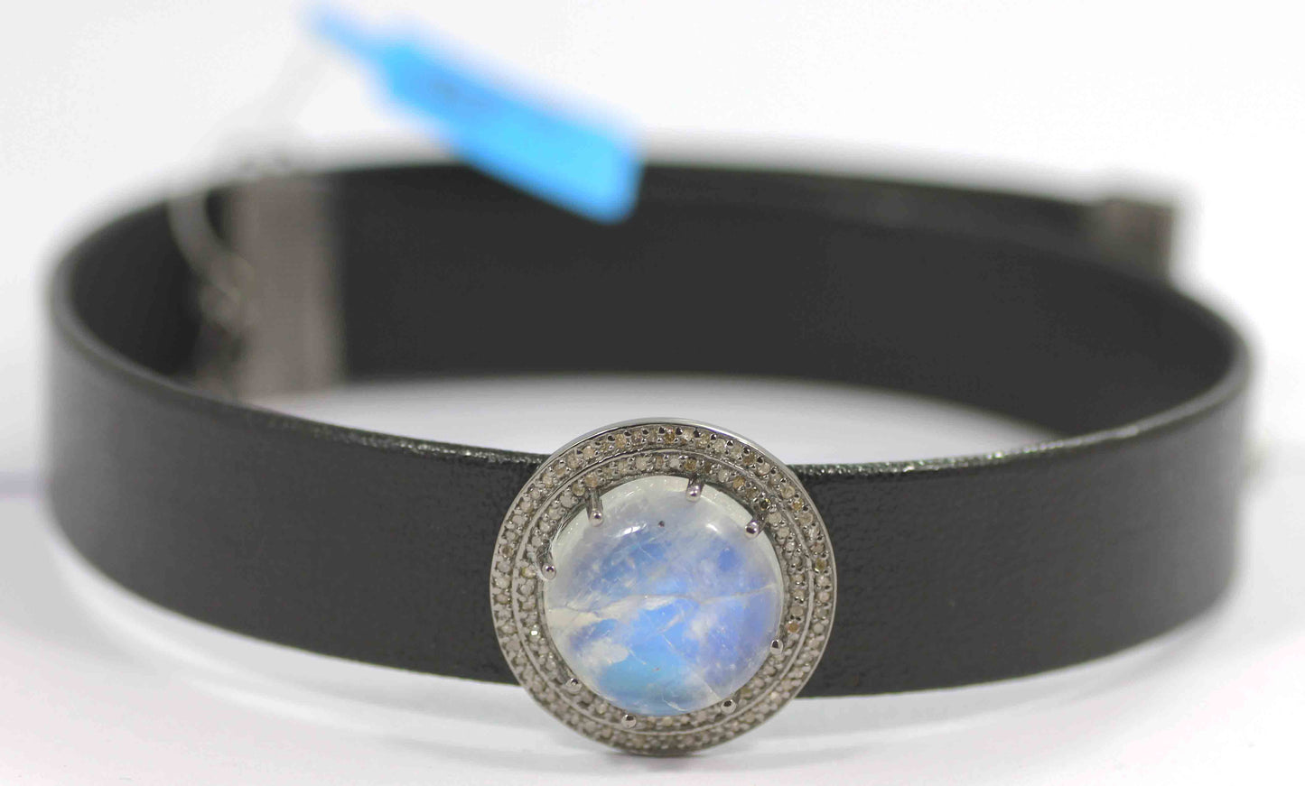 Round Shape Leather Choker Necklaces With Pave Diamond. 925 Oxidized Sterling Silver Diamond necklaces, Genuine handmade pave diamond necklaces.
