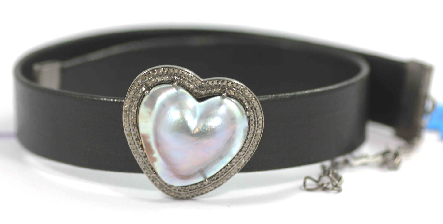 Heart Shape Leather Choker Necklaces With Pave Diamond. 925 Oxidized Sterling Silver Diamond necklaces, Genuine handmade pave diamond necklaces.