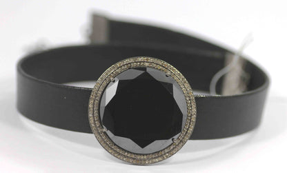Round Shape Leather Choker Necklaces With Pave Diamond. 925 Oxidized Sterling Silver Diamond necklaces, Genuine handmade pave diamond necklaces.