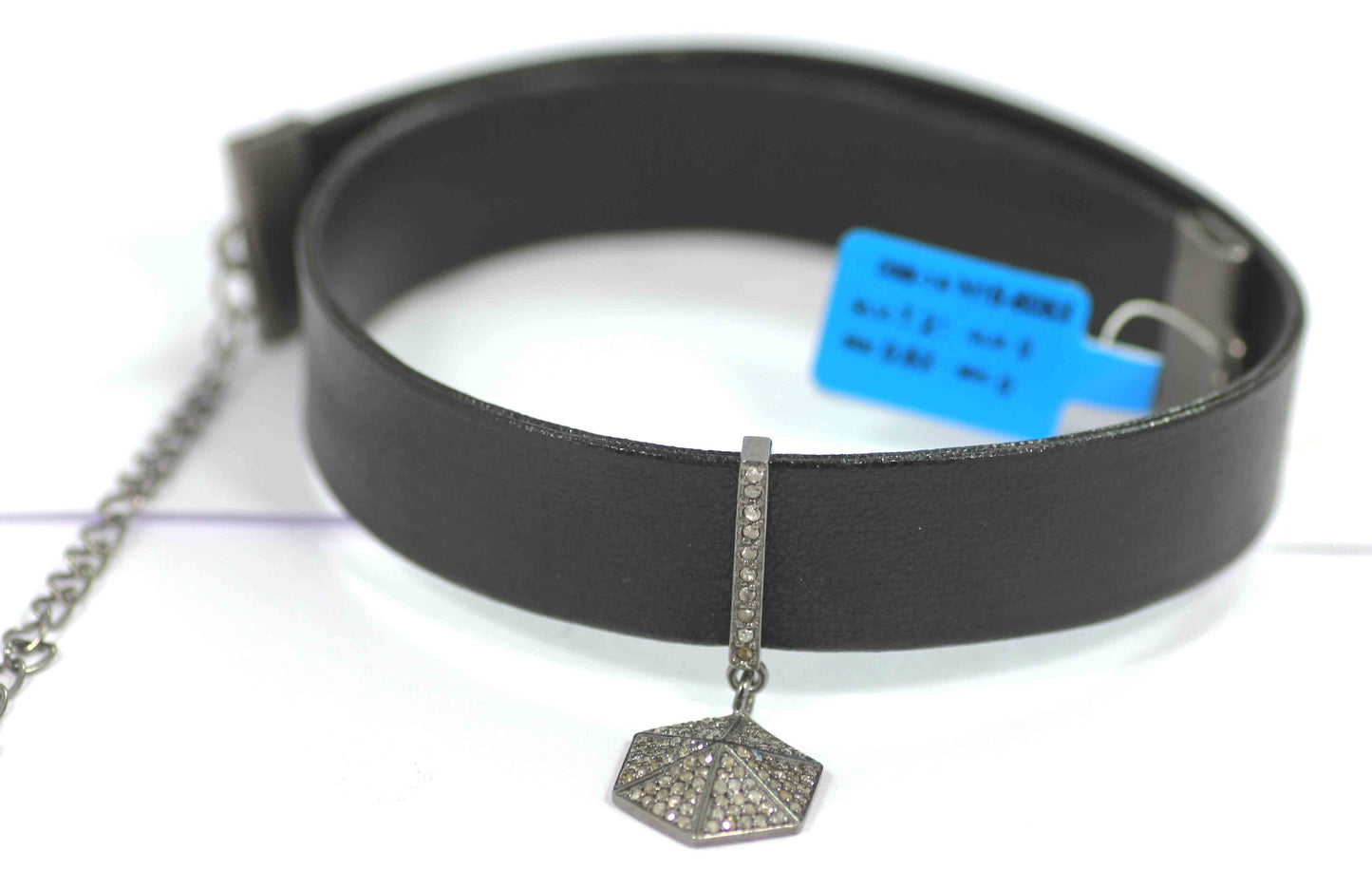 Leather Choker Necklaces With Pave Diamond. 925 Oxidized Sterling Silver Diamond necklaces, Genuine handmade pave diamond necklaces.