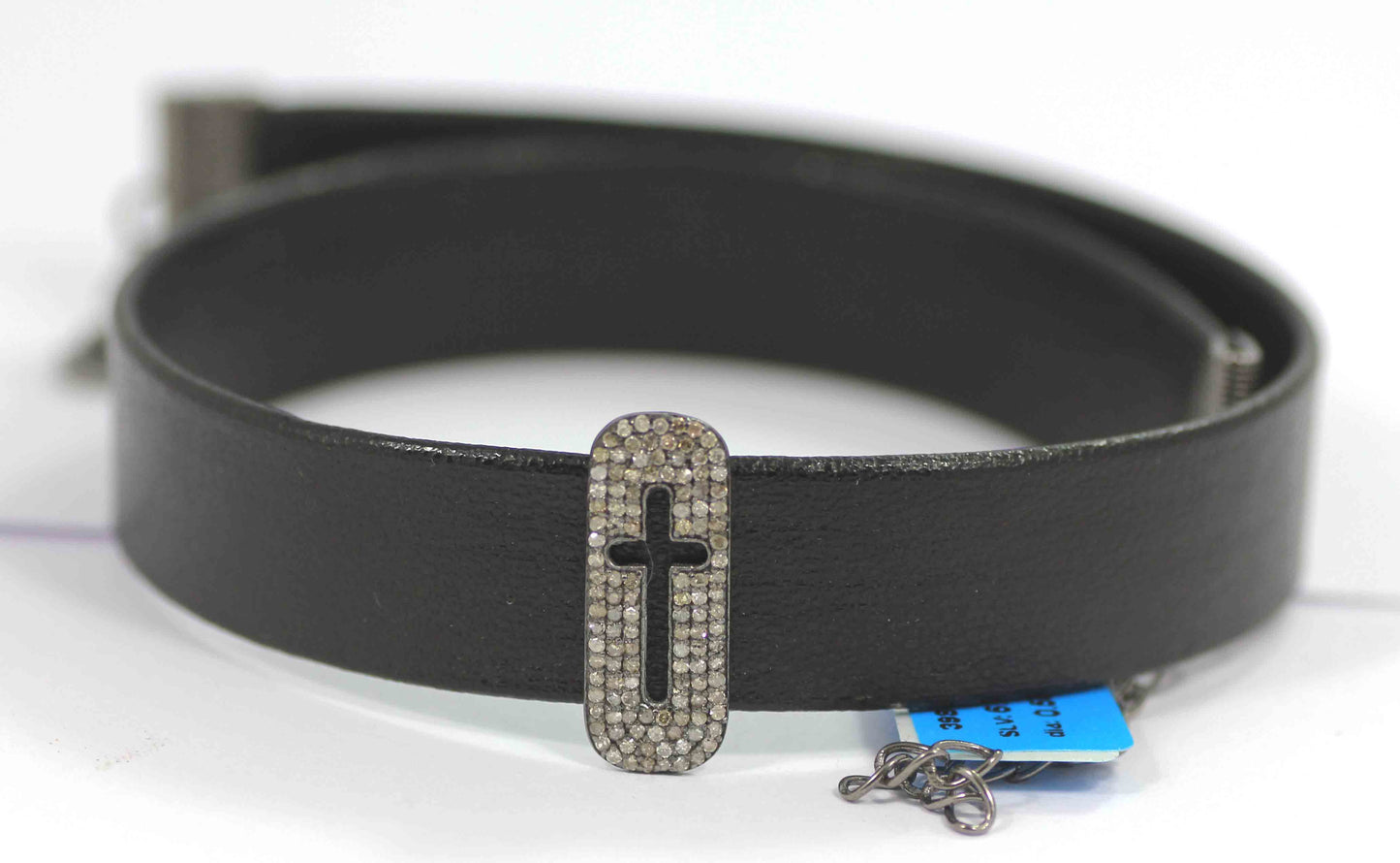 Cross Shape Leather Choker Necklaces With Pave Diamond. 925 Oxidized Sterling Silver Diamond necklaces, Genuine handmade pave diamond necklaces.