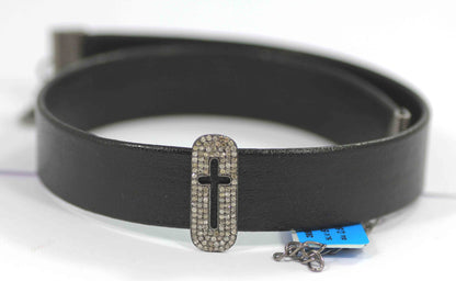 Cross Shape Leather Choker Necklaces With Pave Diamond. 925 Oxidized Sterling Silver Diamond necklaces, Genuine handmade pave diamond necklaces.